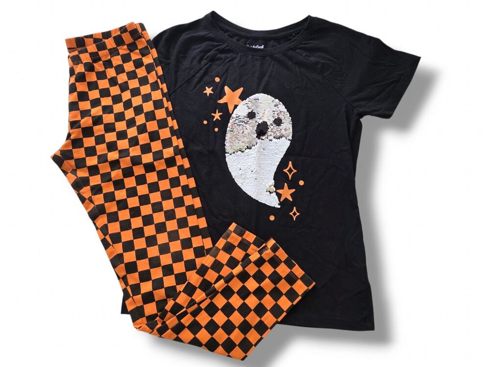 Cat & Jack Girls 14/16 (XL) 2-Piece Halloween Set Ghost Shirt & Checked Leggings
